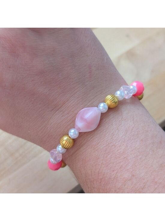 Hand Crafted Jewelry - Pink and Gold Beaded Stretch Bracelet